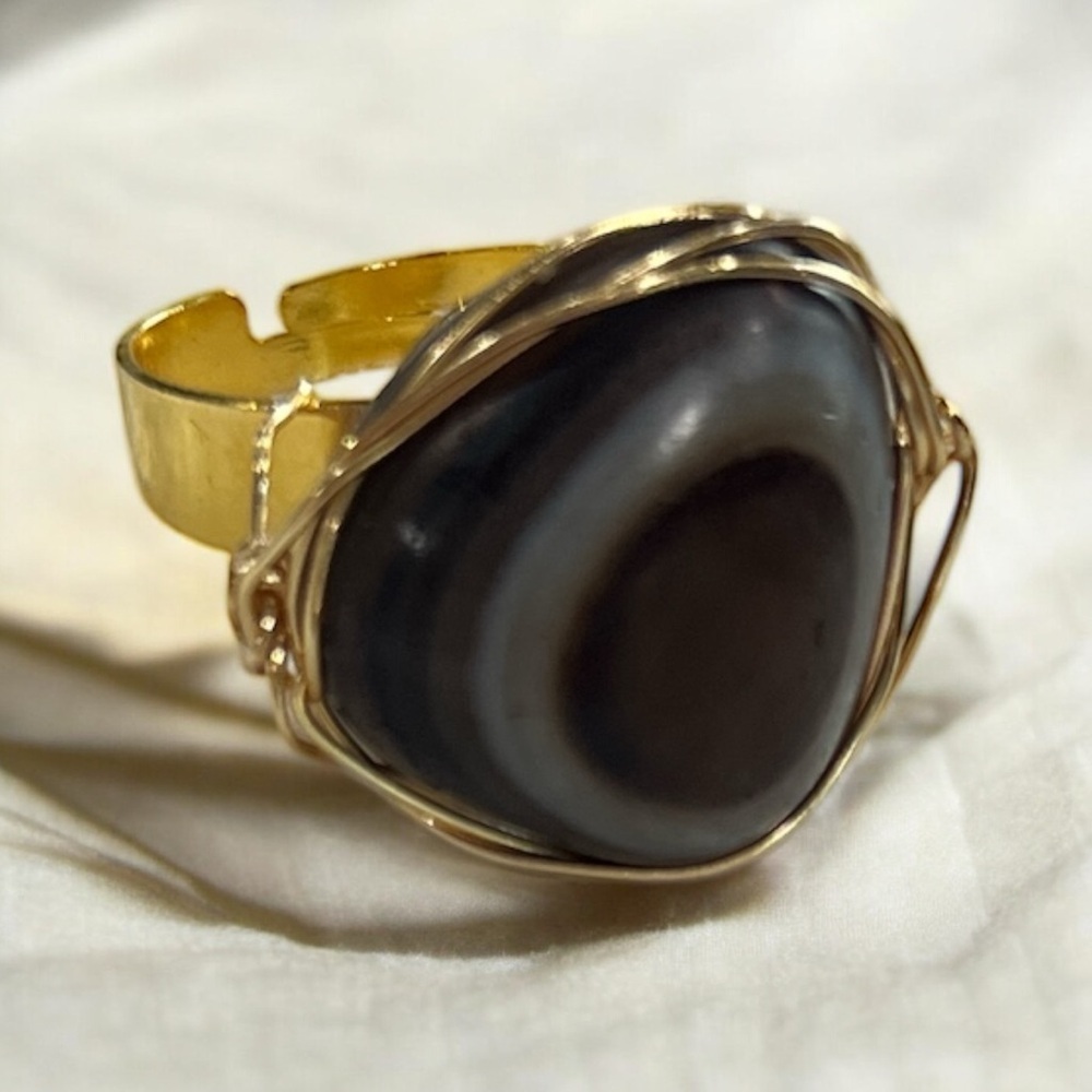 Handmade Eye Agate Adjustable Ring Gold Wire Wrapped Protection Statement Ring